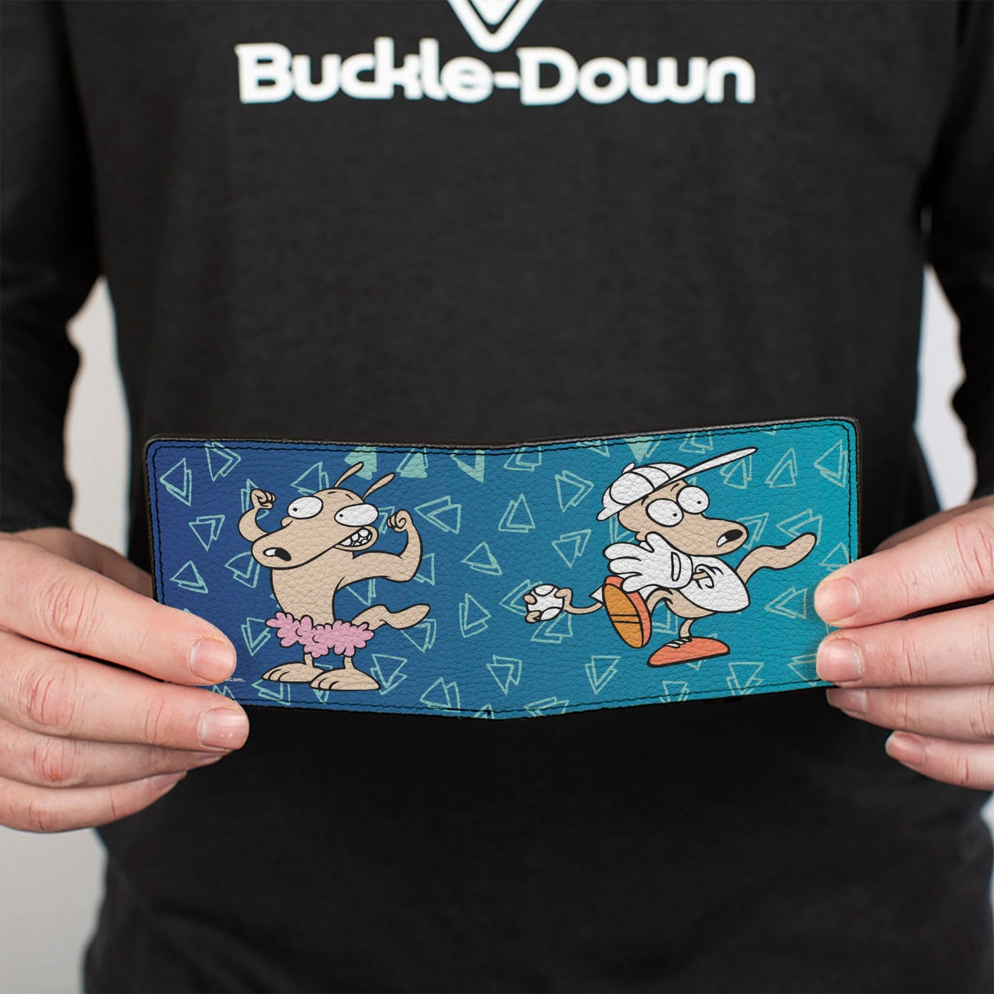Bi-Fold Wallet - Rocko & Spunky Pose2 + Icon Sketches Logo Turquoise White