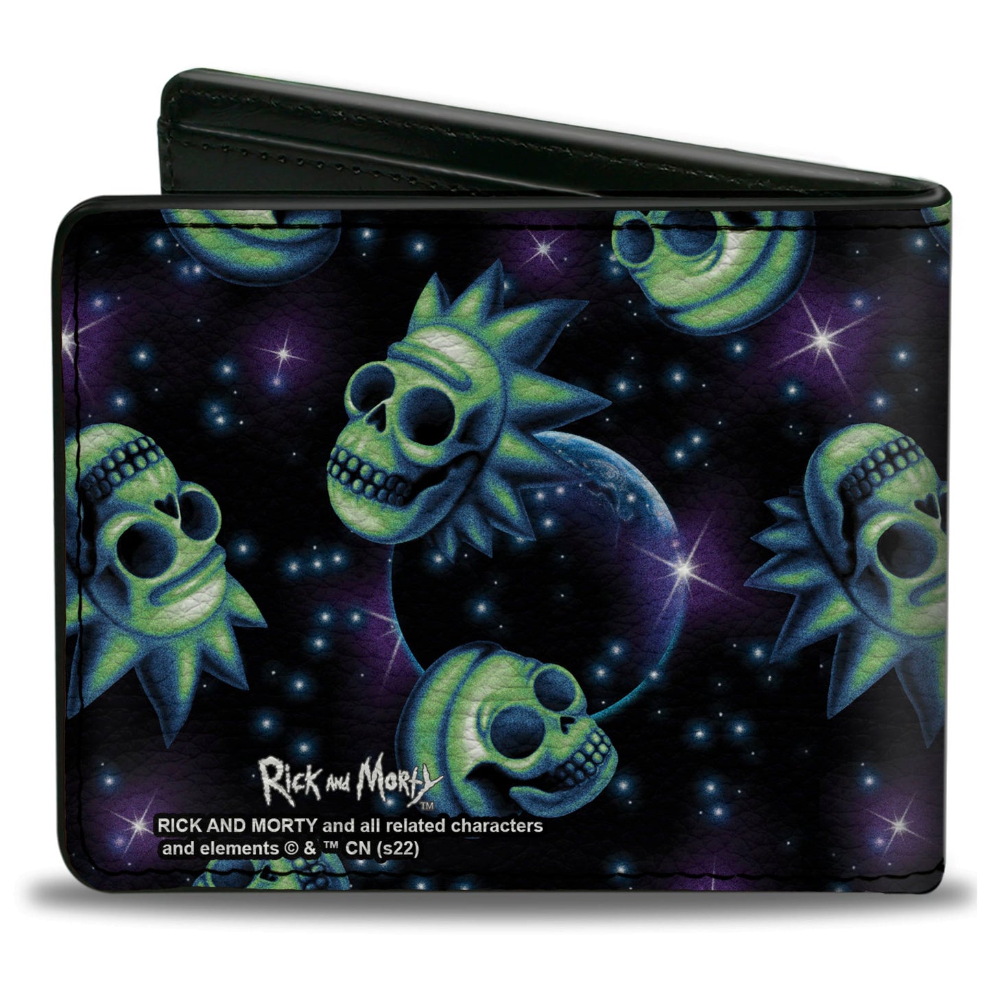 Bi-Fold Wallet - Rick and Morty Glow Skull in Space Scattered Black Blues Greens