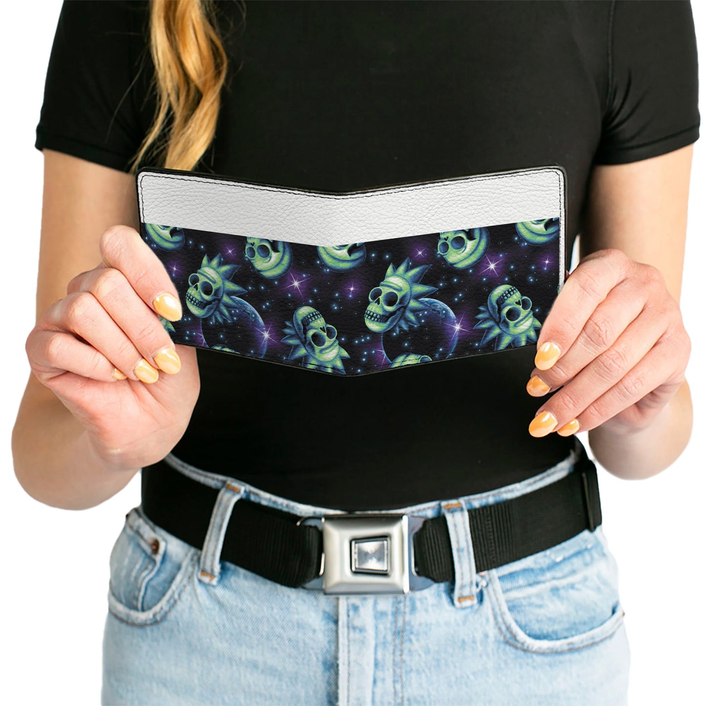 Bi-Fold Wallet - Rick and Morty Glow Skull in Space Scattered Black Blues Greens
