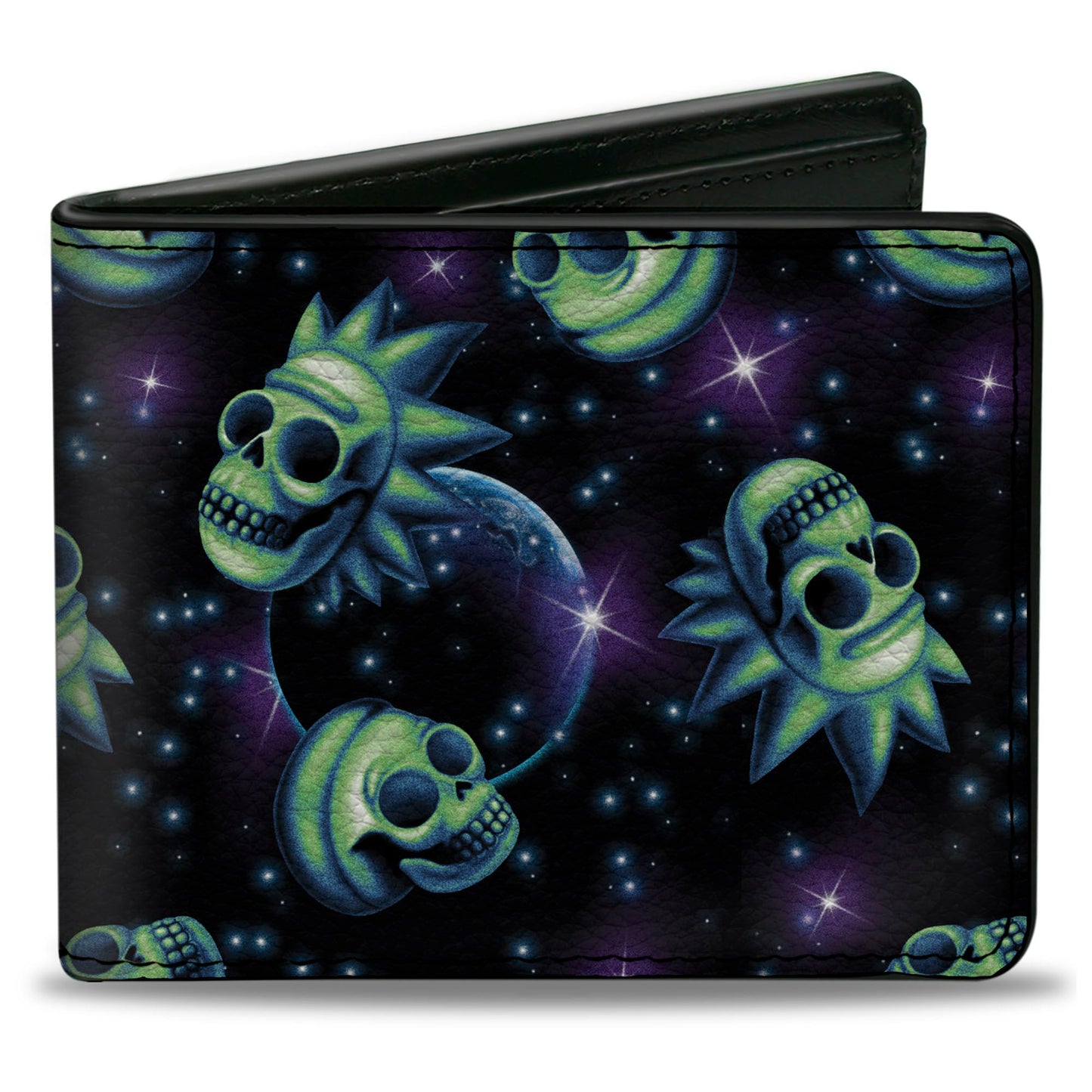 Bi-Fold Wallet - Rick and Morty Glow Skull in Space Scattered Black Blues Greens