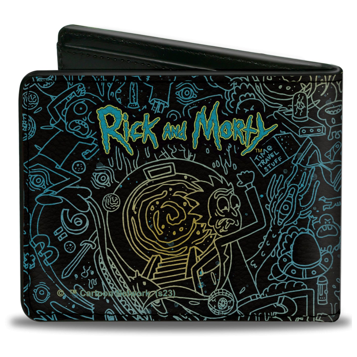 Bi-Fold Wallet - Rick and Morty Portal Chase and Icons Collage Black/Blues/Yellows