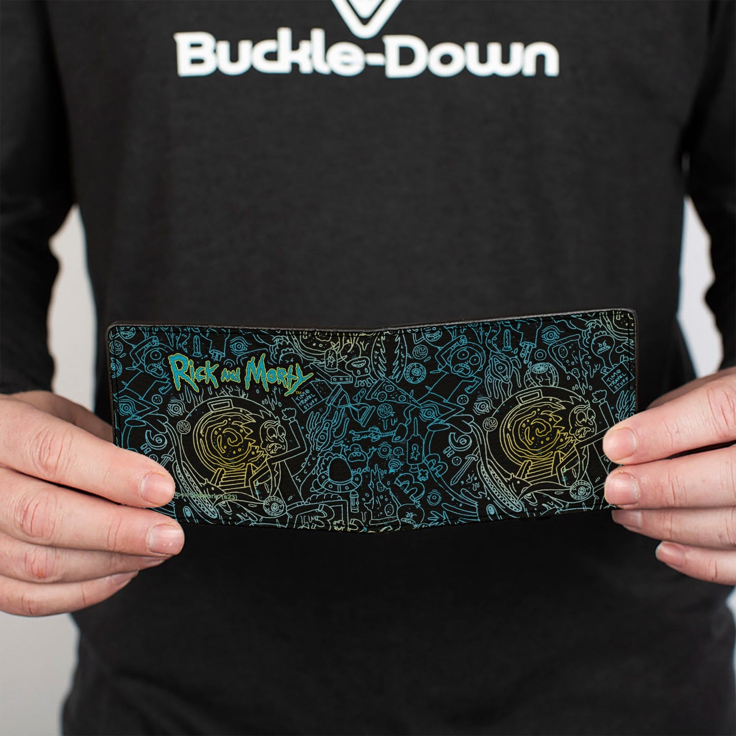 Bi-Fold Wallet - Rick and Morty Portal Chase and Icons Collage Black/Blues/Yellows