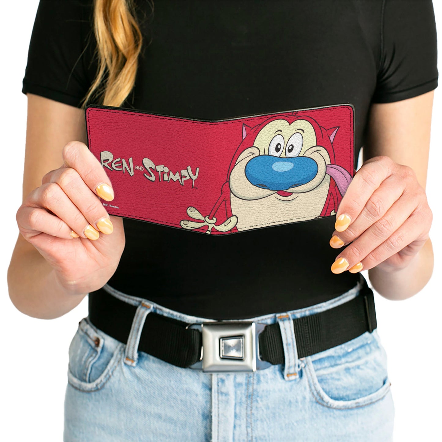 Bi-Fold Wallet - The Ren & Stimpy Show Stimpy Face CLOSE-UP + Logo Red