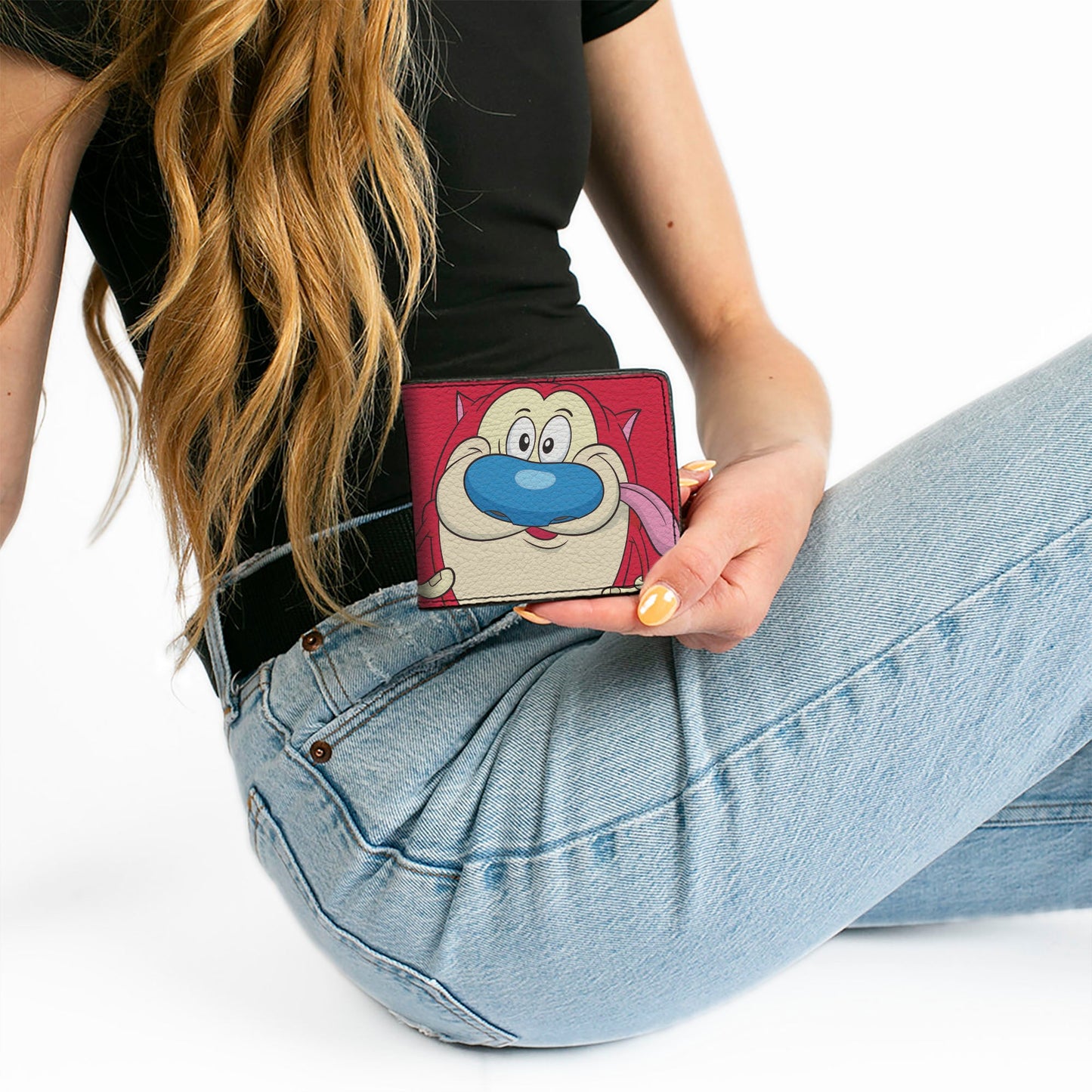 Bi-Fold Wallet - The Ren & Stimpy Show Stimpy Face CLOSE-UP + Logo Red