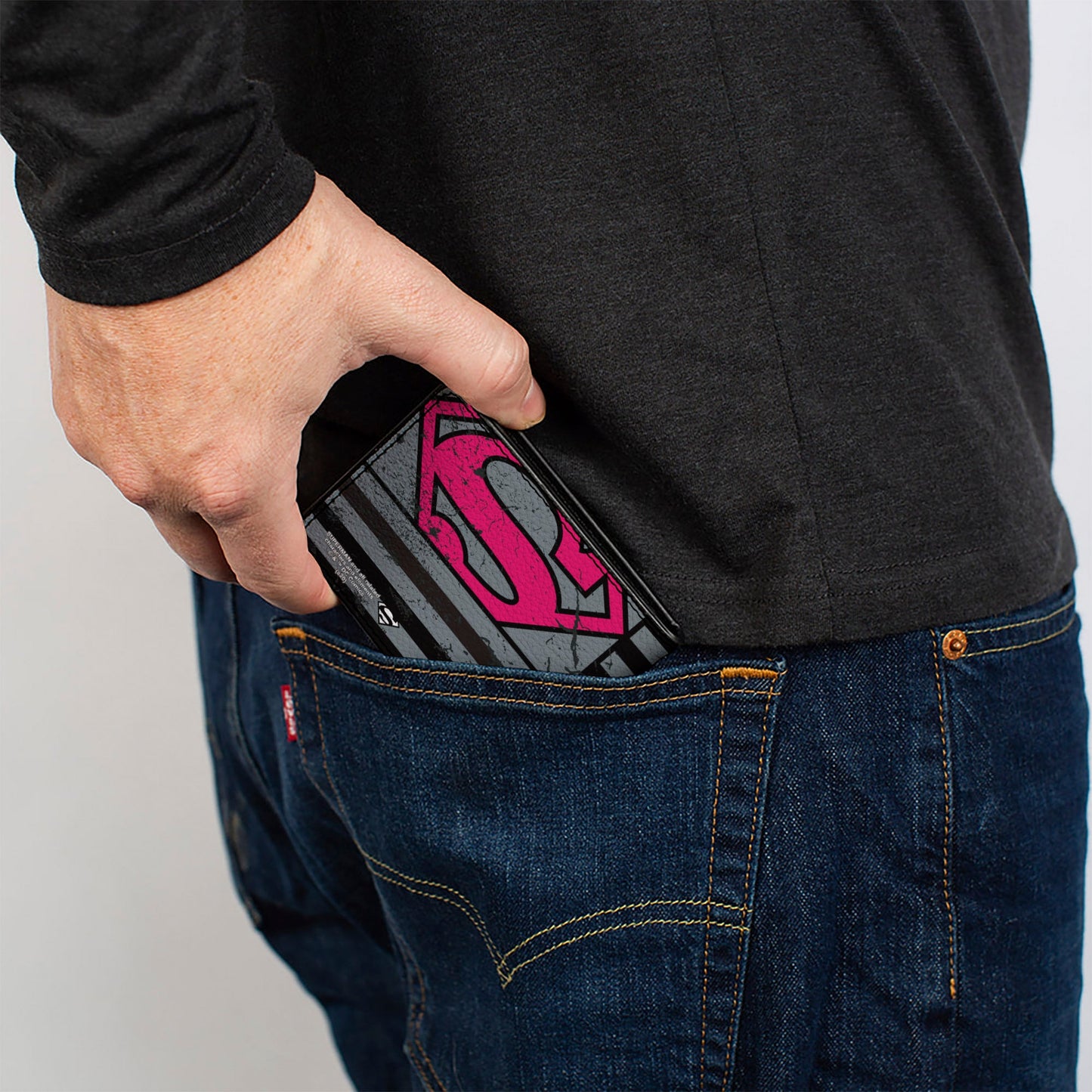Bi-Fold Wallet - Superman Shield Americana Weathered Gray Black Pink