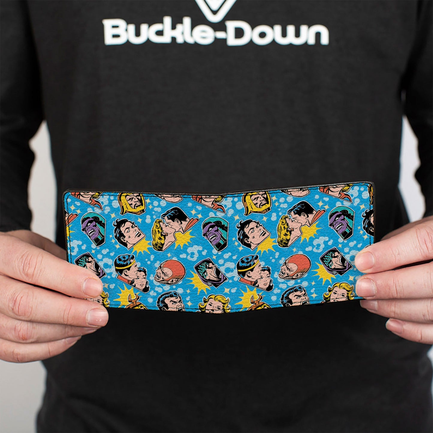 Bi-Fold Wallet - Vintage Superman Supergirl and Villains Faces Scattered Blues