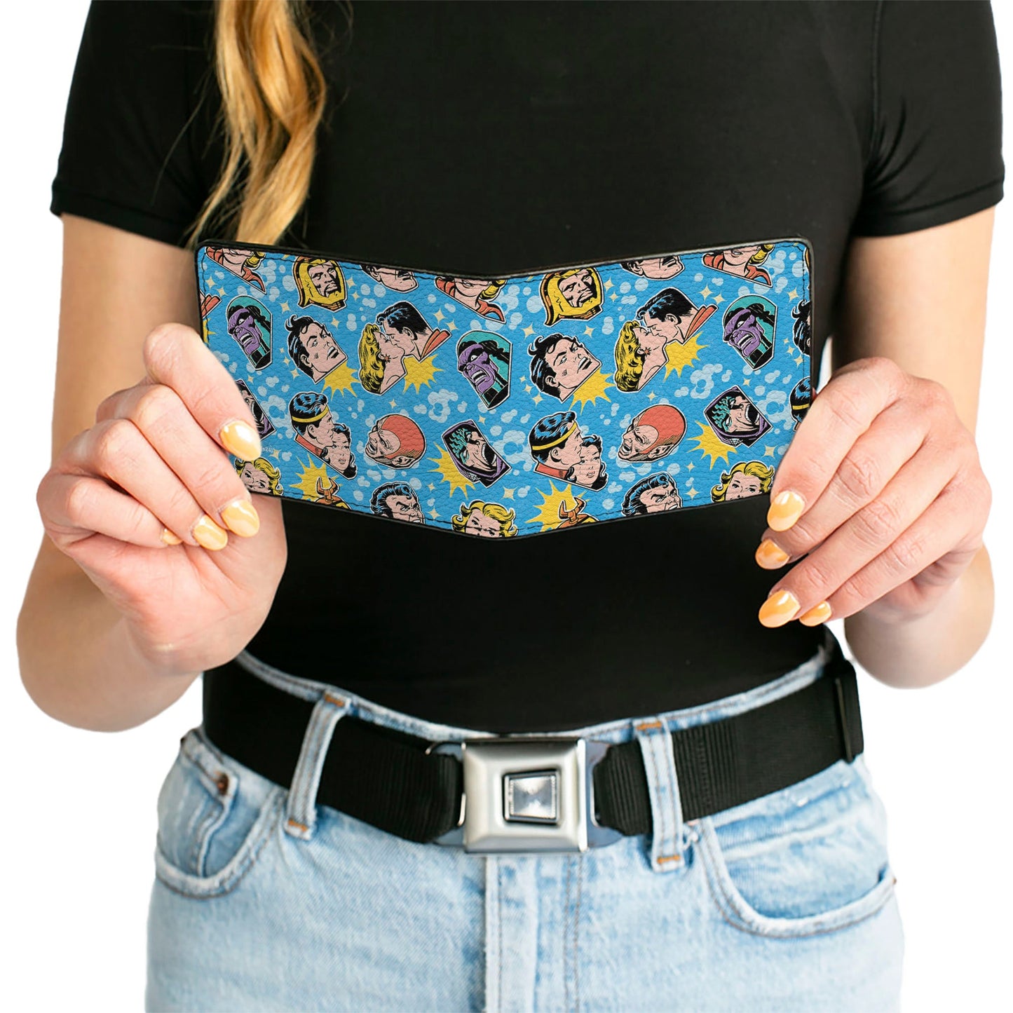 Bi-Fold Wallet - Vintage Superman Supergirl and Villains Faces Scattered Blues