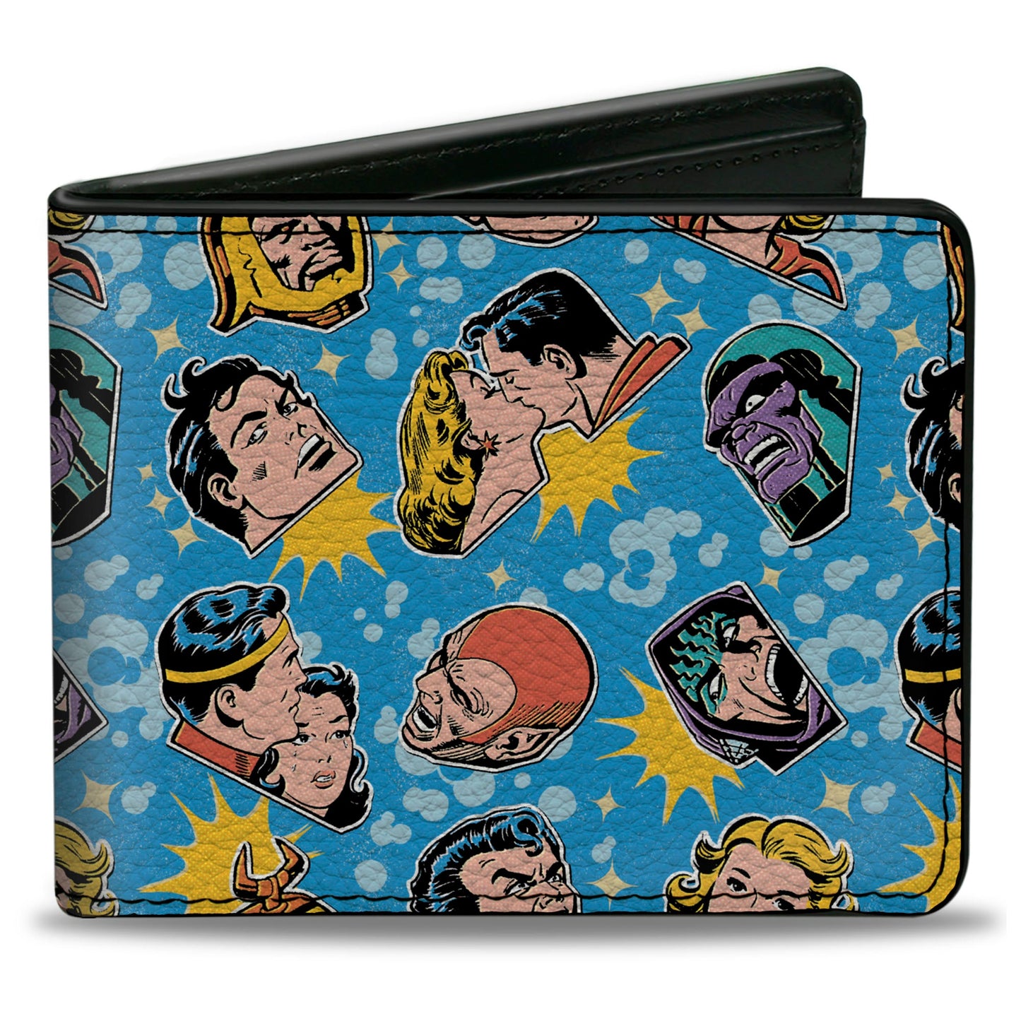 Bi-Fold Wallet - Vintage Superman Supergirl and Villains Faces Scattered Blues