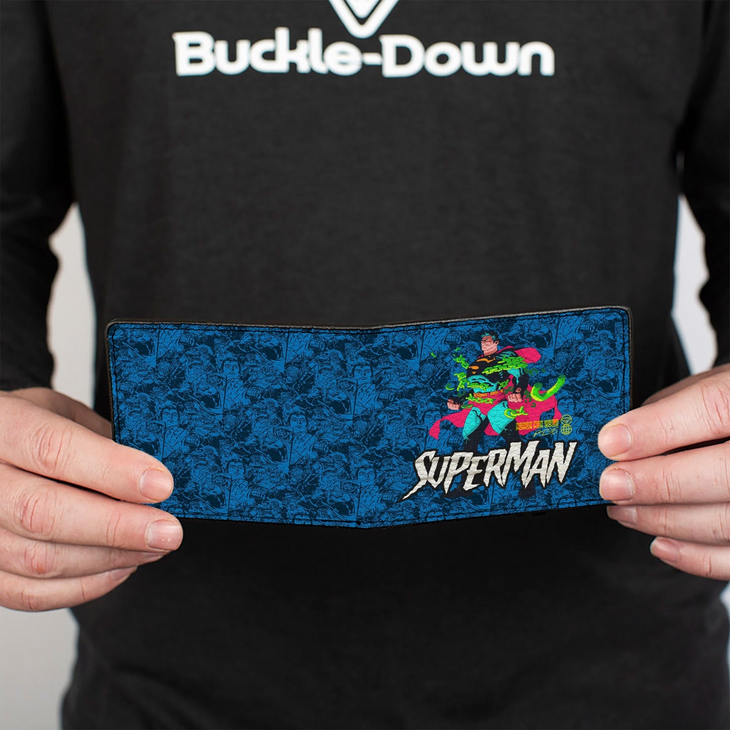 Bi-Fold Wallet - Superman Breaking Chains Pose and Action Poses Stacked Blues