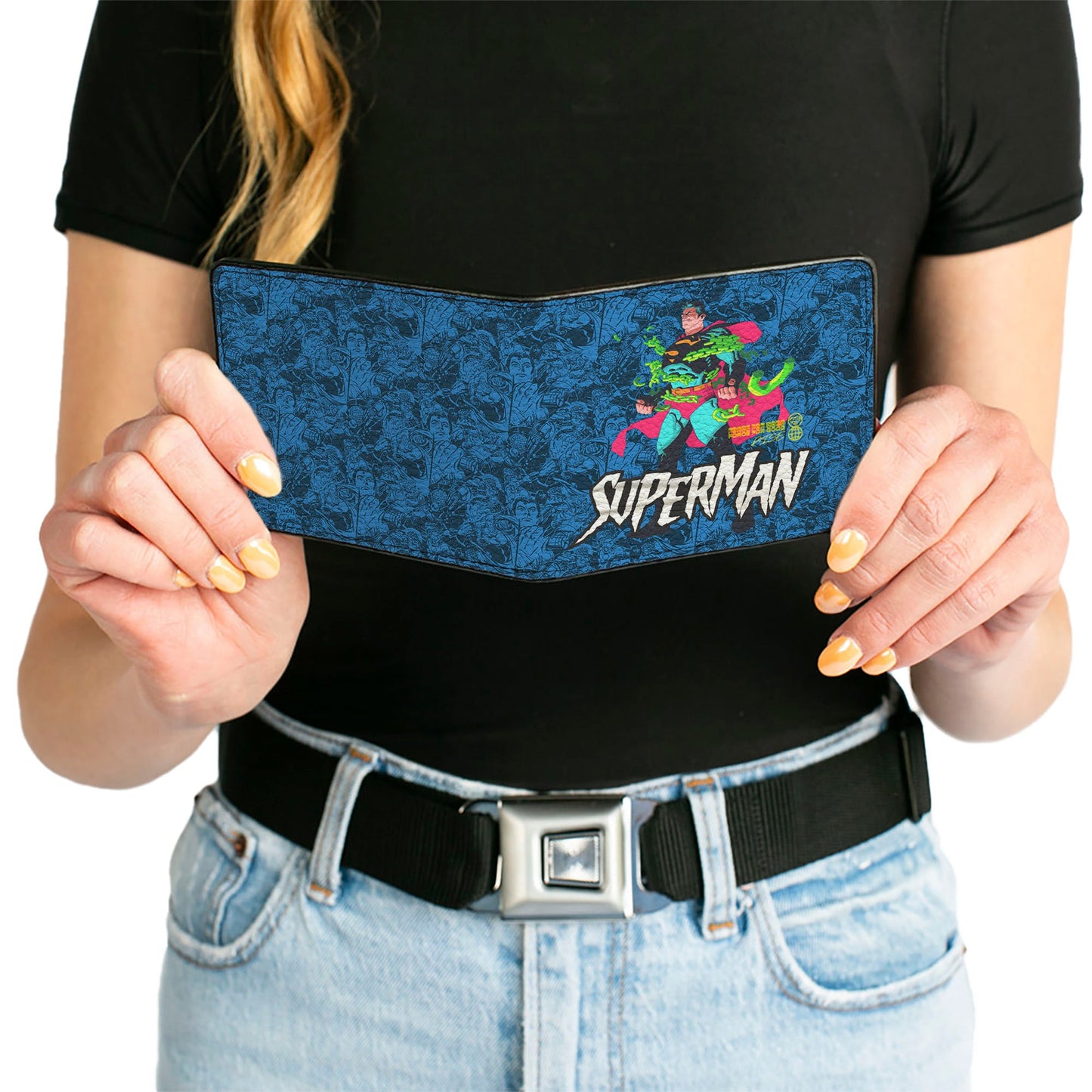 Bi-Fold Wallet - Superman Breaking Chains Pose and Action Poses Stacked Blues