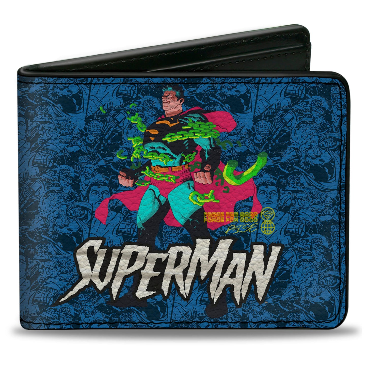 Bi-Fold Wallet - Superman Breaking Chains Pose and Action Poses Stacked Blues
