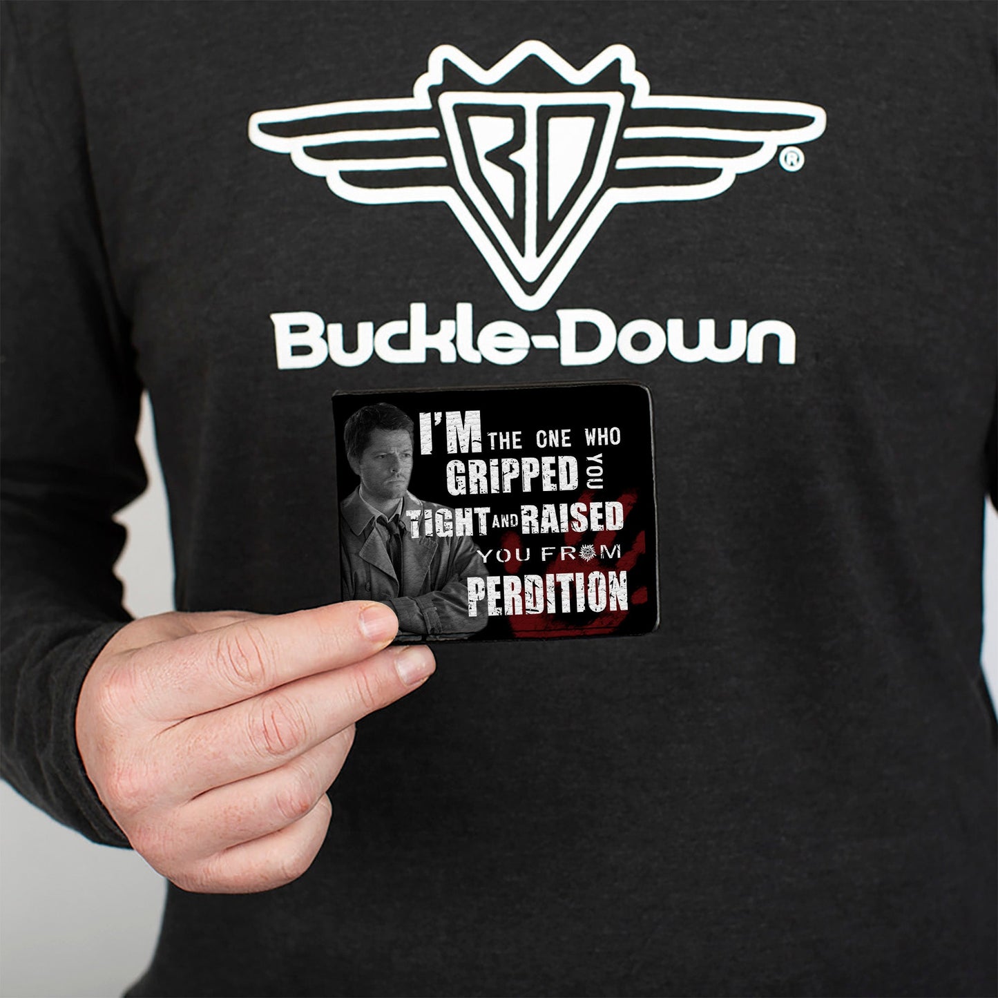 Bi-Fold Wallet - Castiel Pose I'M THE ONE WHO GRIPPED YOU TIGHT AND RAISED YOU FROM PERDITION + SUPERNATURAL Black Grays Red White