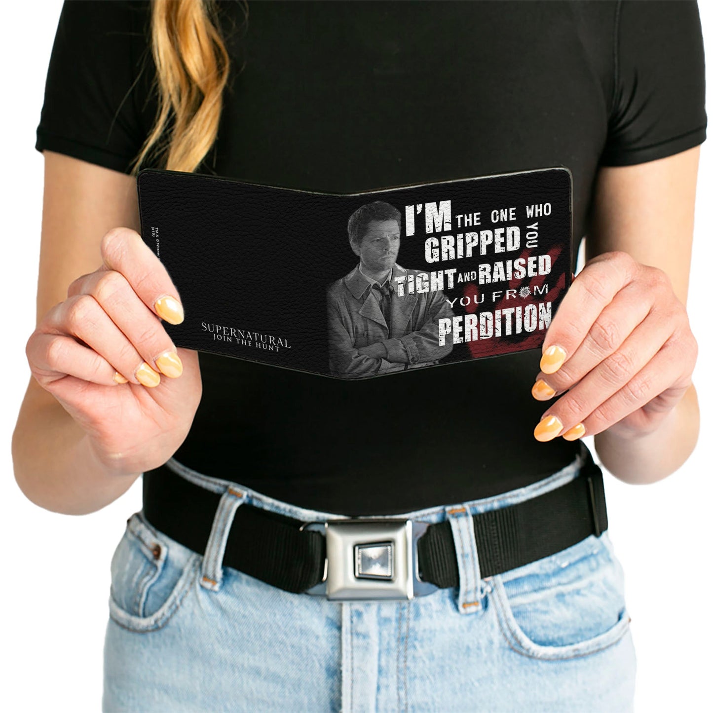 Bi-Fold Wallet - Castiel Pose I'M THE ONE WHO GRIPPED YOU TIGHT AND RAISED YOU FROM PERDITION + SUPERNATURAL Black Grays Red White