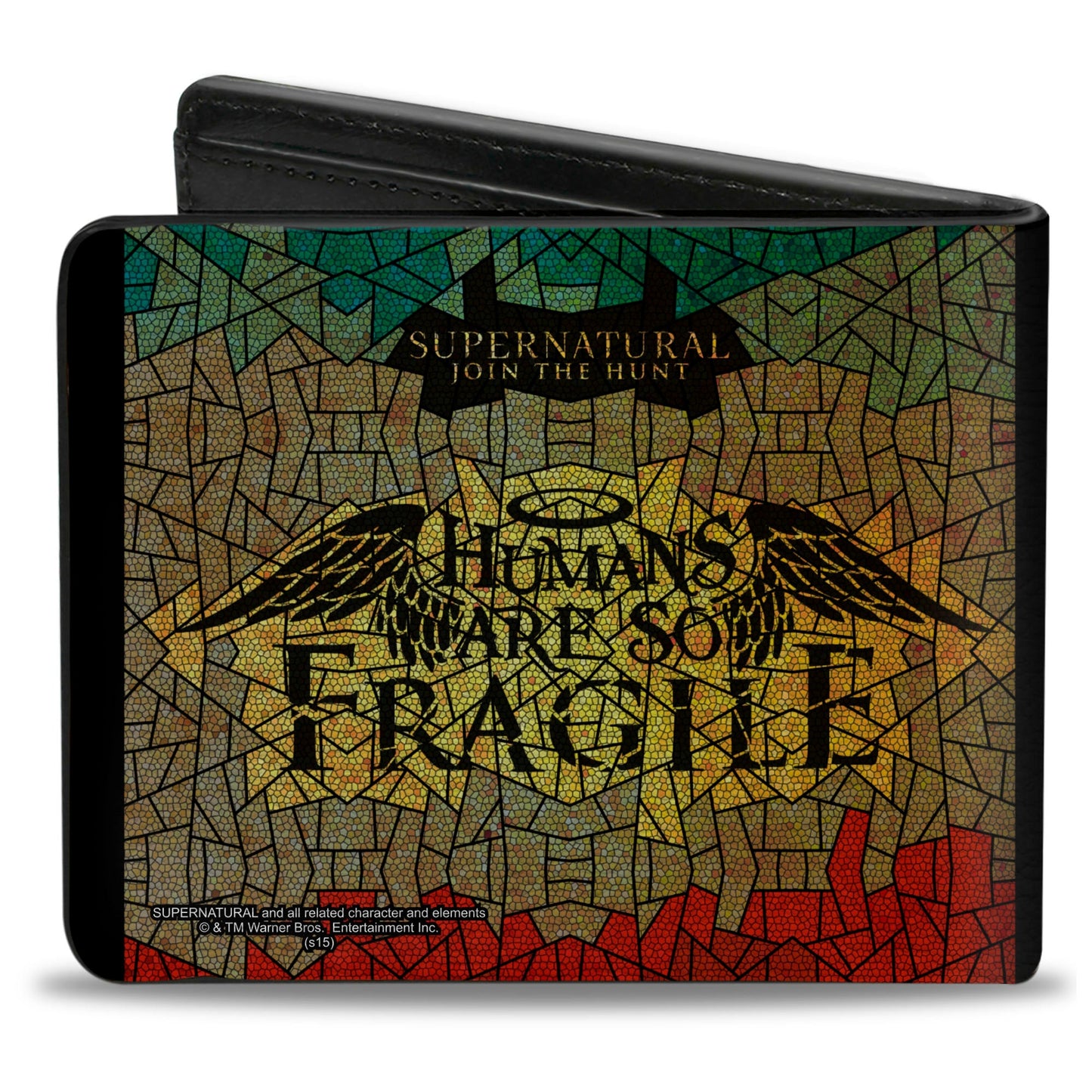 Bi-Fold Wallet - SUPERNATURAL-HUMANS ARE SO FRAGILE Stained Glass Black Greens Yellows Red