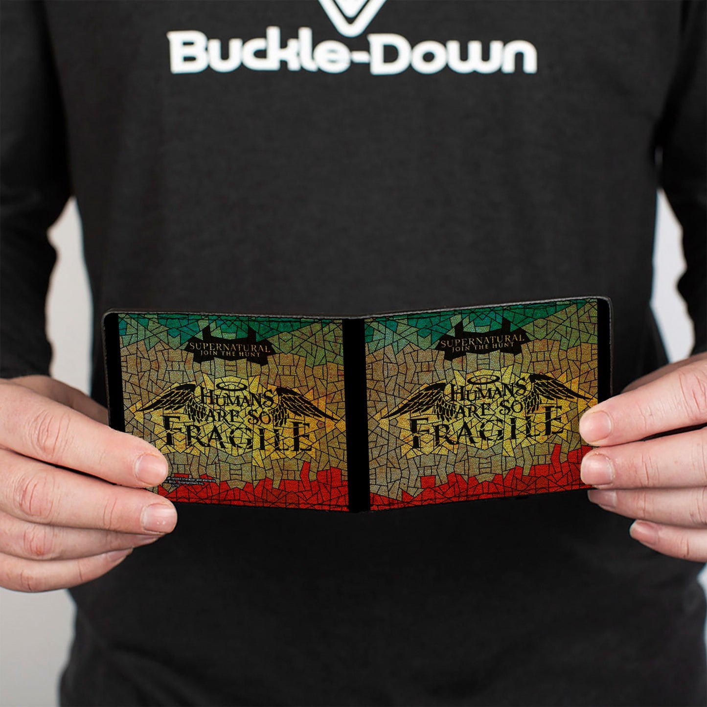 Bi-Fold Wallet - SUPERNATURAL-HUMANS ARE SO FRAGILE Stained Glass Black Greens Yellows Red