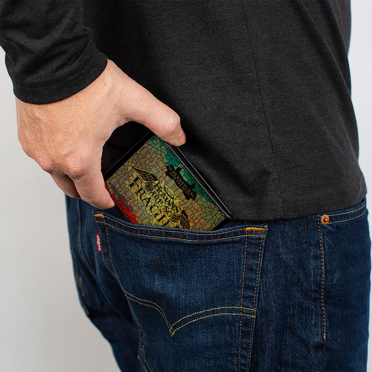 Bi-Fold Wallet - SUPERNATURAL-HUMANS ARE SO FRAGILE Stained Glass Black Greens Yellows Red