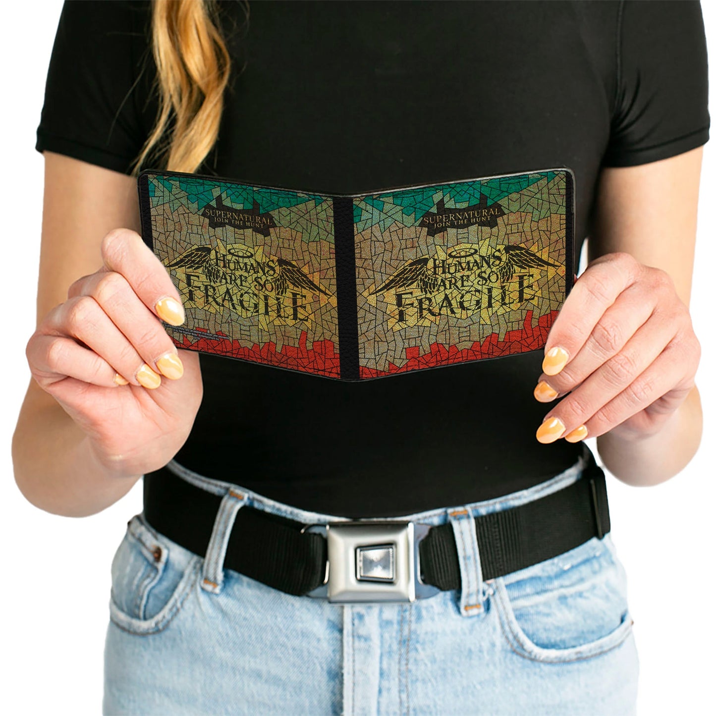 Bi-Fold Wallet - SUPERNATURAL-HUMANS ARE SO FRAGILE Stained Glass Black Greens Yellows Red