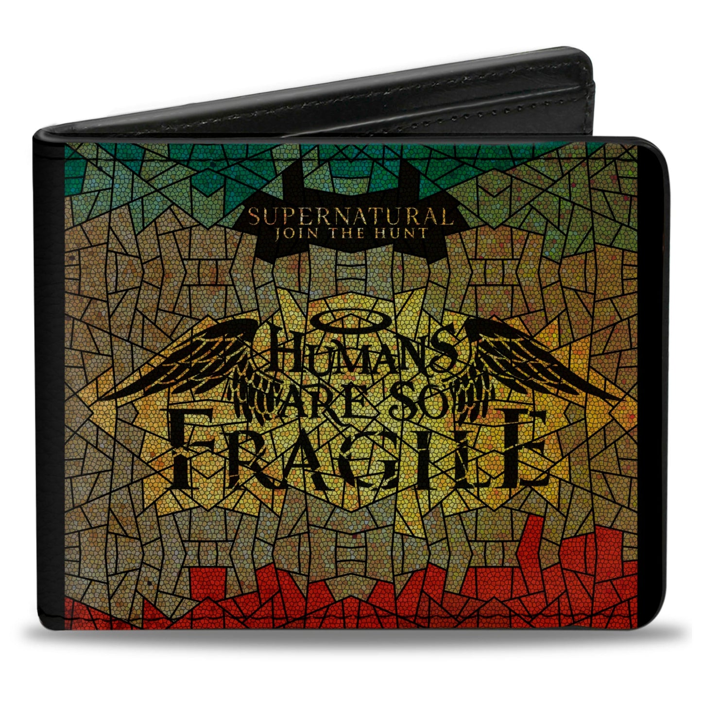 Bi-Fold Wallet - SUPERNATURAL-HUMANS ARE SO FRAGILE Stained Glass Black Greens Yellows Red
