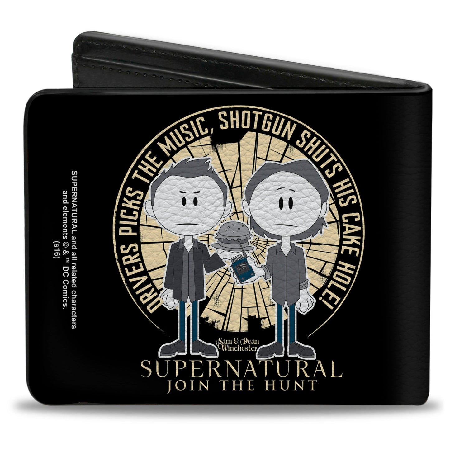 Bi-Fold Wallet - Supernatural Sam & Dean Caricatures DRIVER PICKS THE MUSIC Shattered Glass Black White Grays Blues