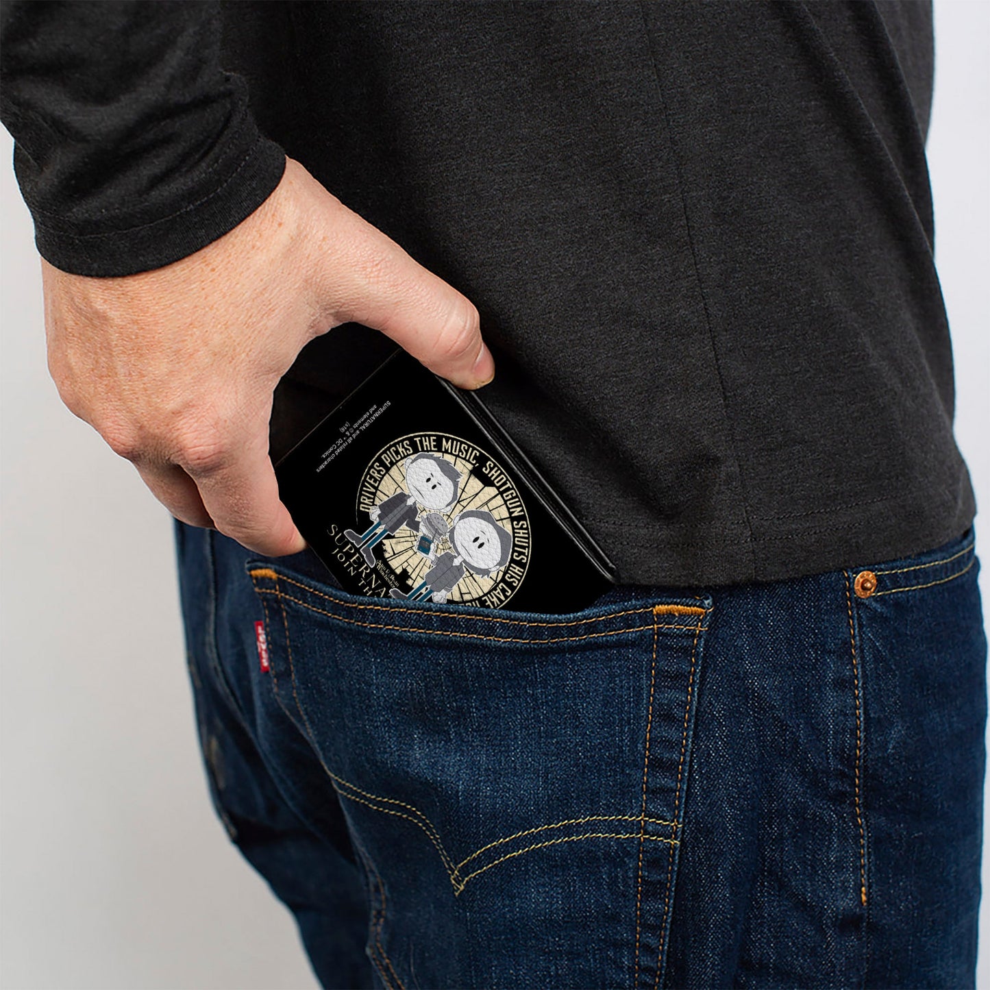 Bi-Fold Wallet - Supernatural Sam & Dean Caricatures DRIVER PICKS THE MUSIC Shattered Glass Black White Grays Blues