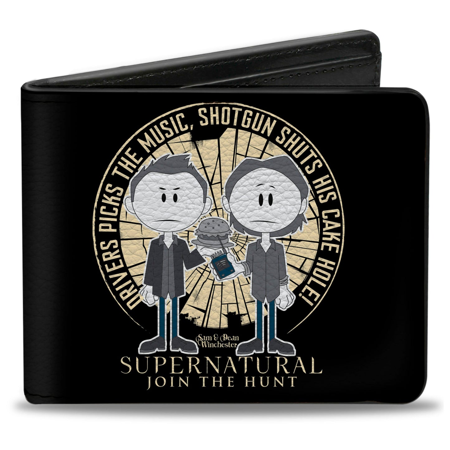 Bi-Fold Wallet - Supernatural Sam & Dean Caricatures DRIVER PICKS THE MUSIC Shattered Glass Black White Grays Blues