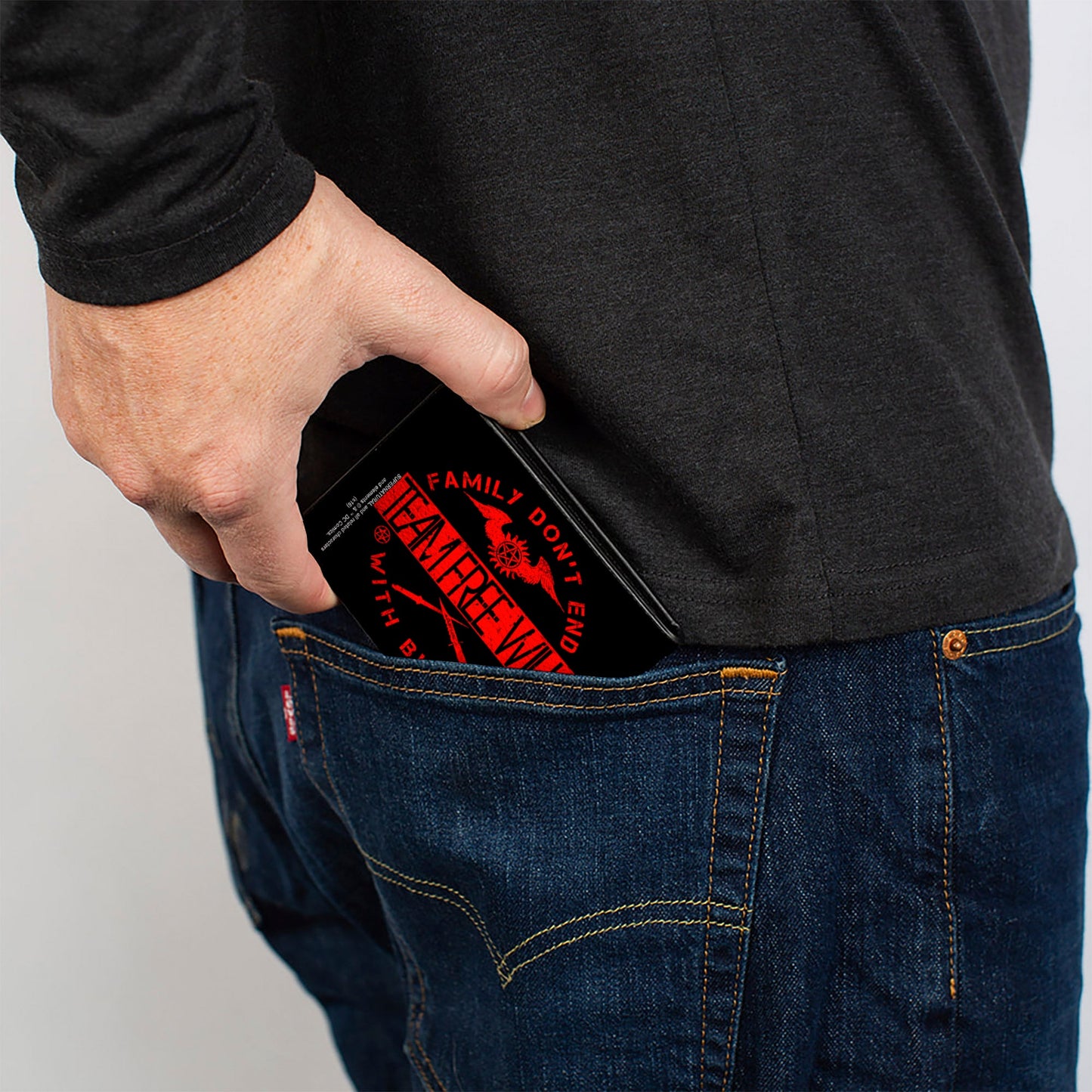Bi-Fold Wallet - Supernatural TEAM FREE WILL-FAMILY DON'T END WITH BLOOD Black Red