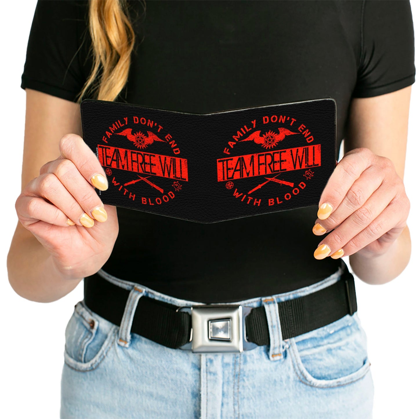 Bi-Fold Wallet - Supernatural TEAM FREE WILL-FAMILY DON'T END WITH BLOOD Black Red