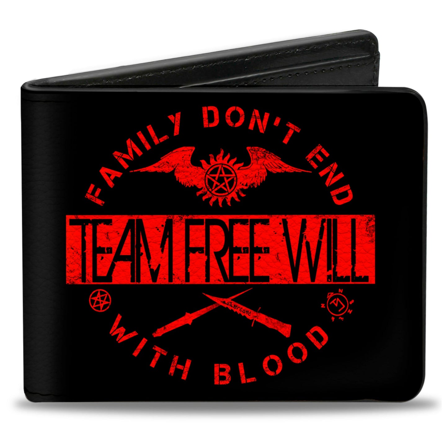 Bi-Fold Wallet - Supernatural TEAM FREE WILL-FAMILY DON'T END WITH BLOOD Black Red