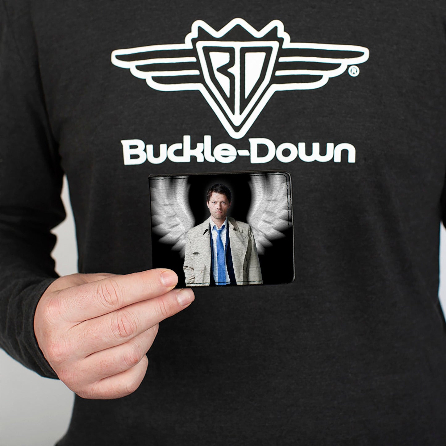Bi-Fold Wallet - SUPERNATURAL Castiel Angel Wings Pose + Logo Black White