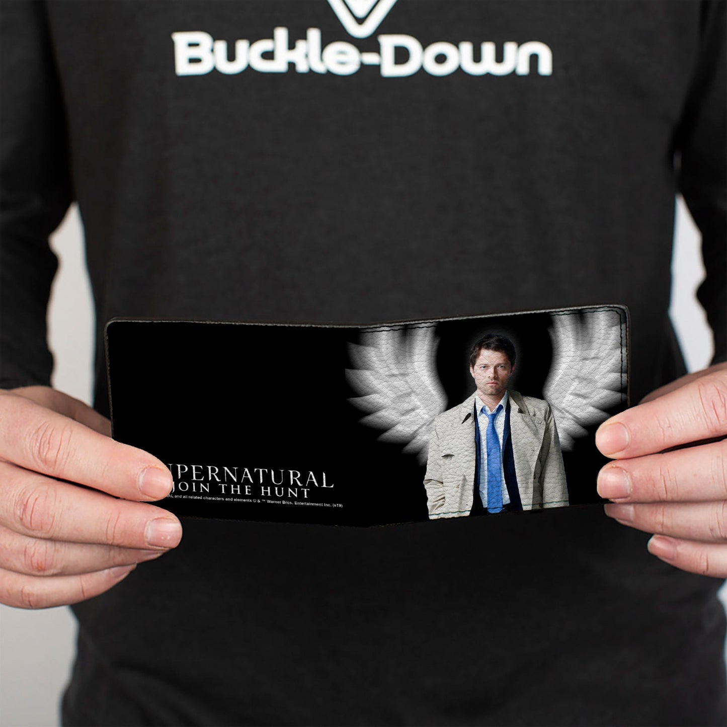 Bi-Fold Wallet - SUPERNATURAL Castiel Angel Wings Pose + Logo Black White