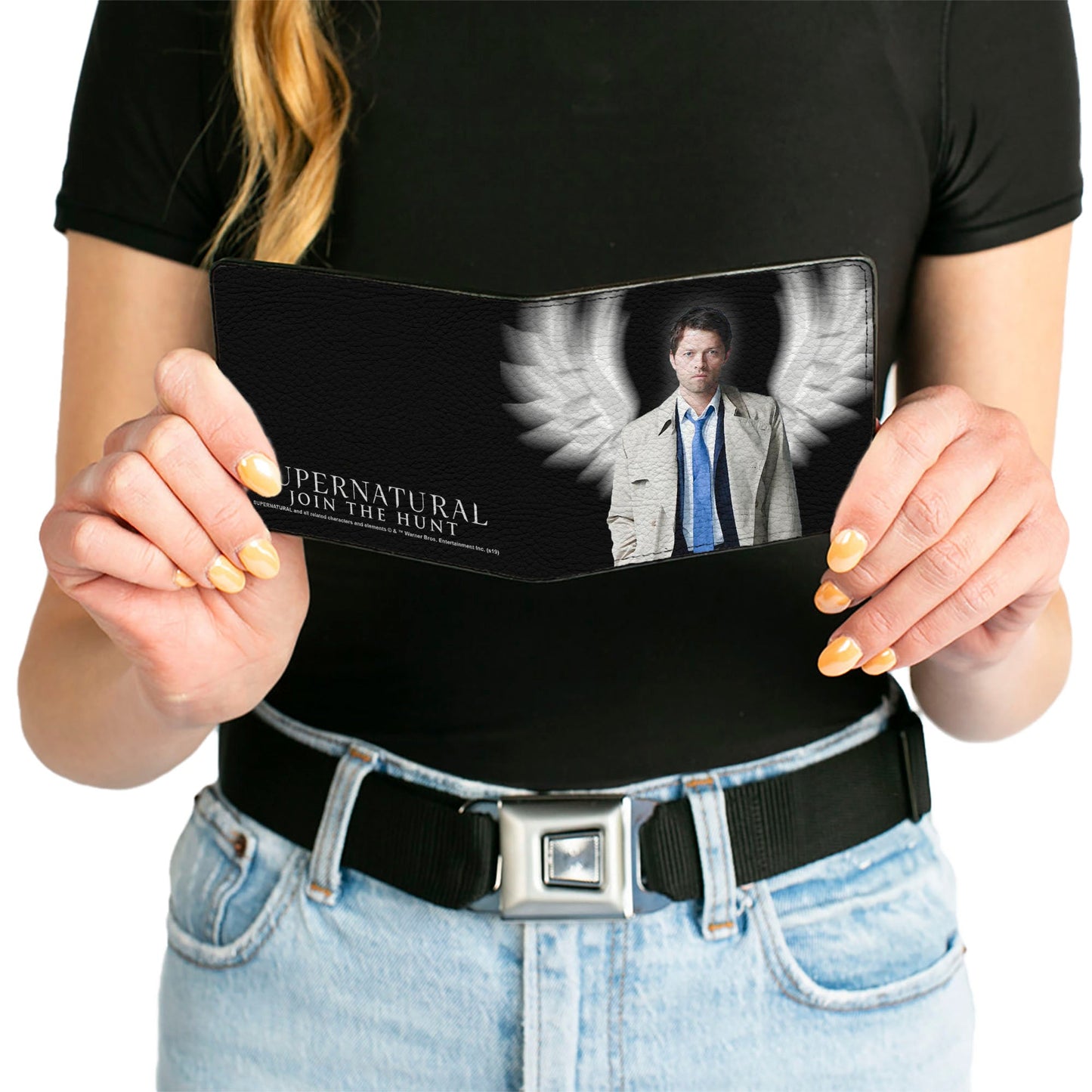 Bi-Fold Wallet - SUPERNATURAL Castiel Angel Wings Pose + Logo Black White