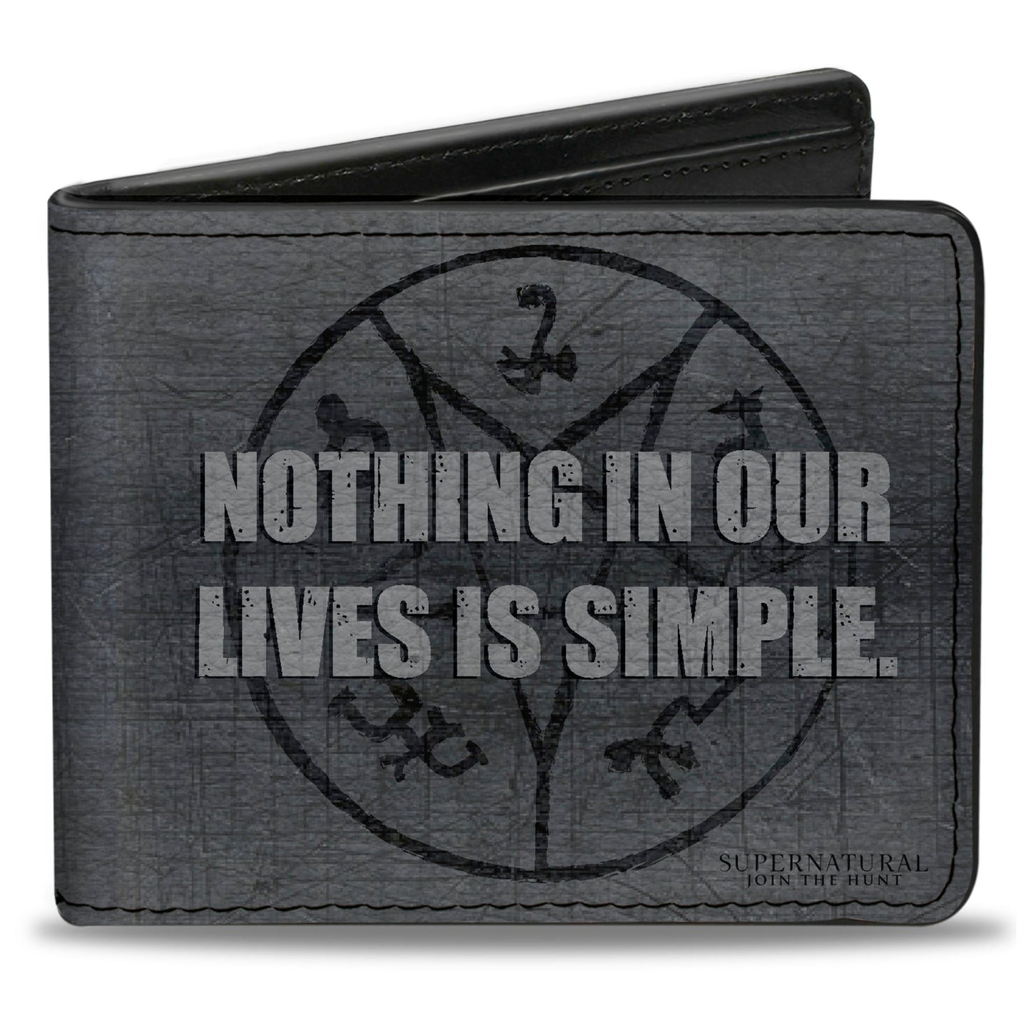 Bi-Fold Wallet - Supernatural NOTHING IN OUR LIVES IS SIMPLE Devil's Trap Symbol + Logo Grays