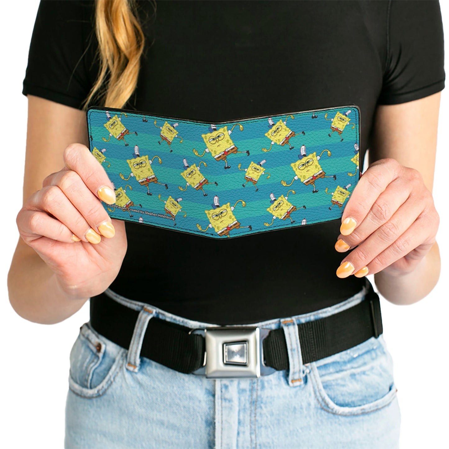 Bi-Fold Wallet - SpongeBob Dancing Pose Scattered Stripe Teal Blues