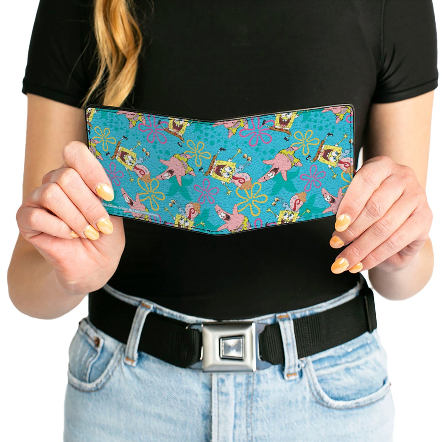 Bi-Fold Wallet - SpongeBob Patrick and Gary Joy Poses and Flowers Scattered Blue