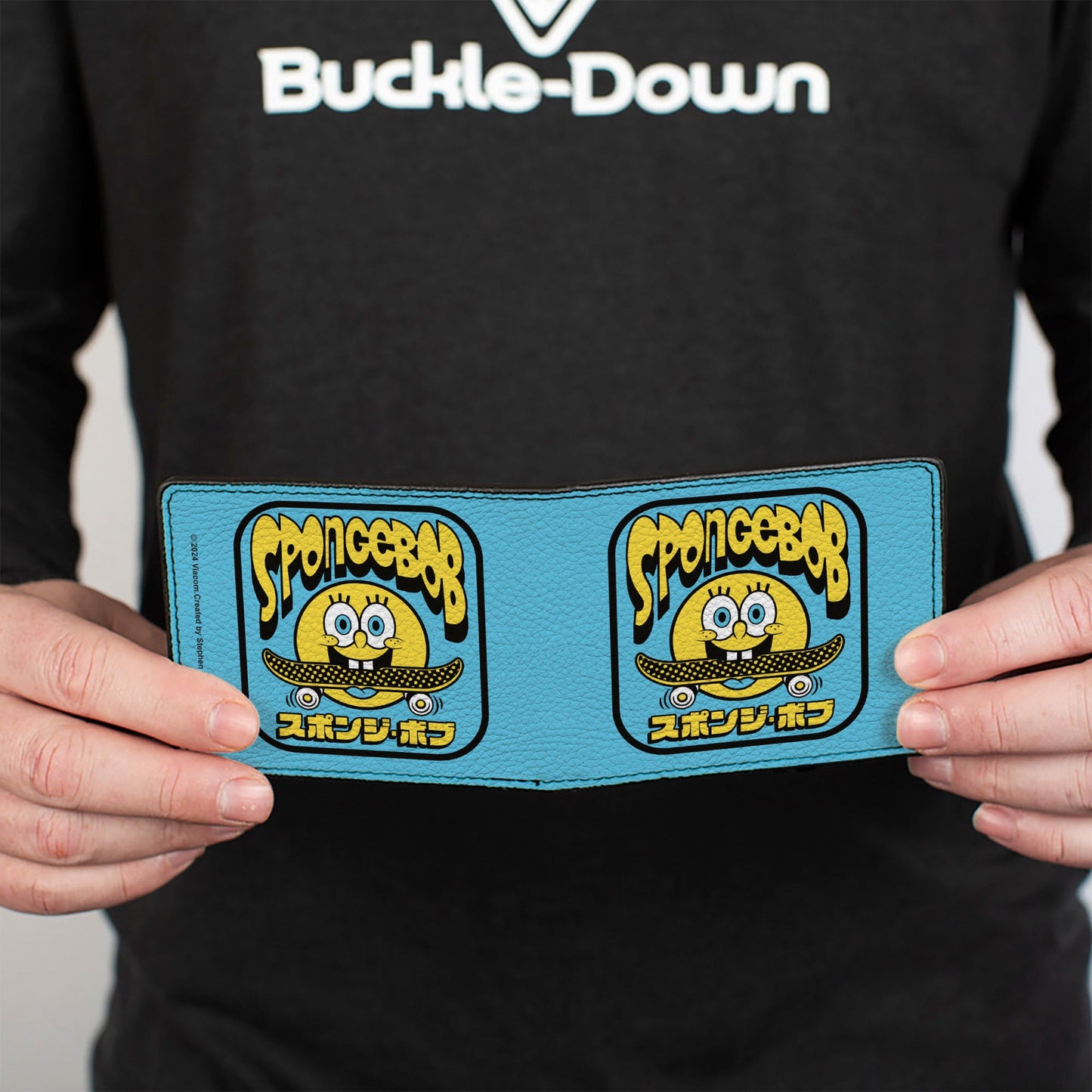 Bi-Fold Wallet - SpongeBob SquarePants Skateboard Smile Face and Japanese Text Blue/Black/Yellow