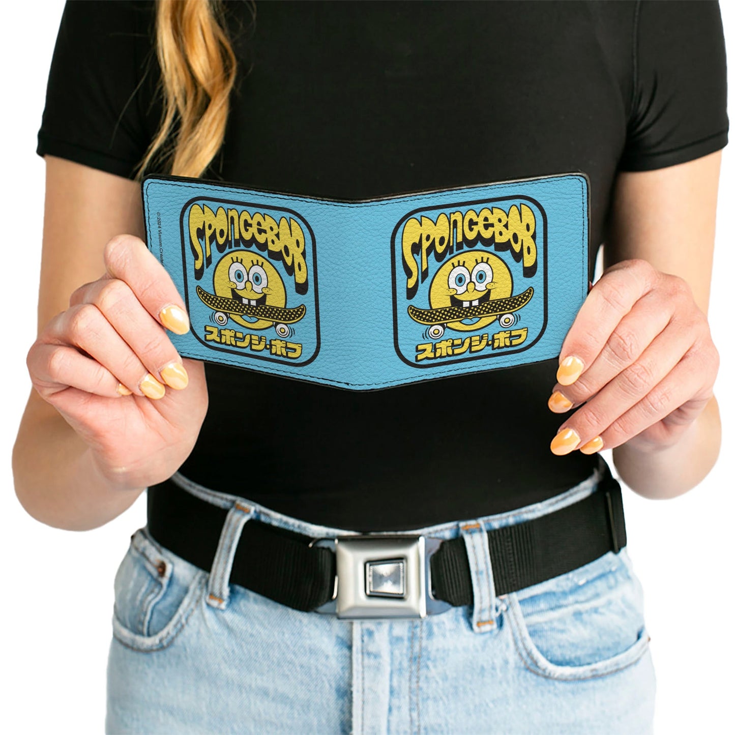 Bi-Fold Wallet - SpongeBob SquarePants Skateboard Smile Face and Japanese Text Blue/Black/Yellow