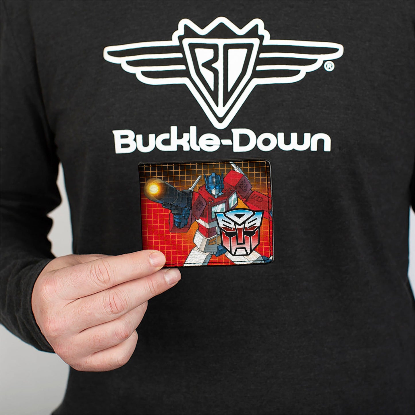 Bi-Fold Wallet - Transformers Optimus Prime Blaster Pose and Autobot Shield Grid Fade Reds