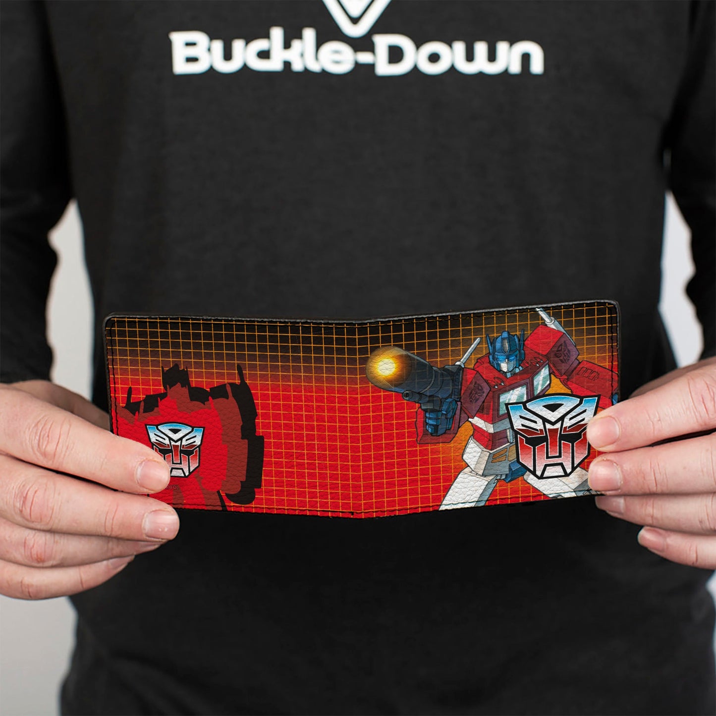 Bi-Fold Wallet - Transformers Optimus Prime Blaster Pose and Autobot Shield Grid Fade Reds
