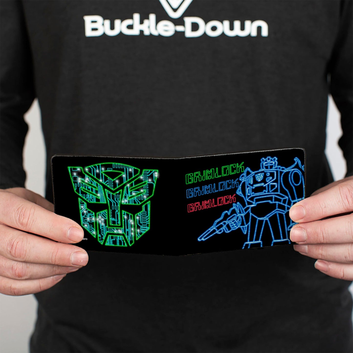 Bi-Fold Wallet - Transformers Electric GRIMLOCK Pose and Autobot Circuit Logo Black/Green/Blue/Red