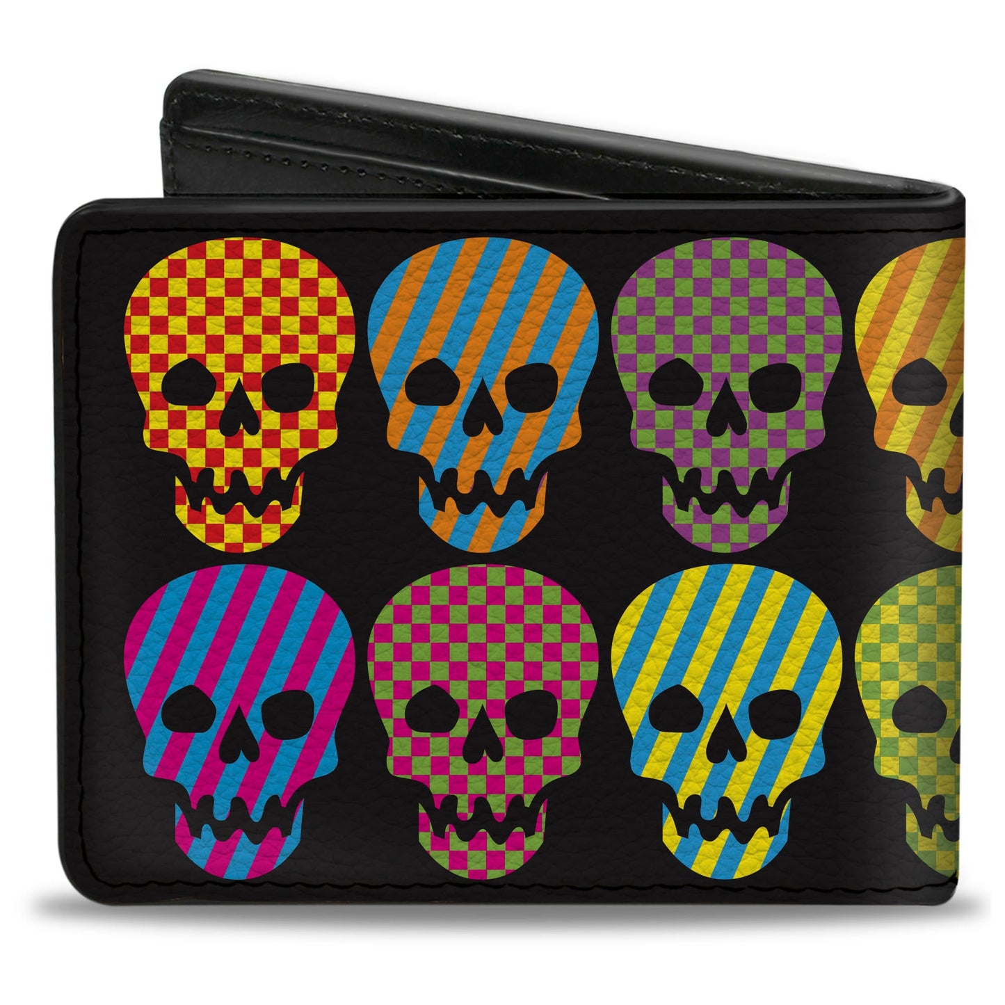 Bi-Fold Wallet - Checker & Stripe Skulls Black Multi Neon