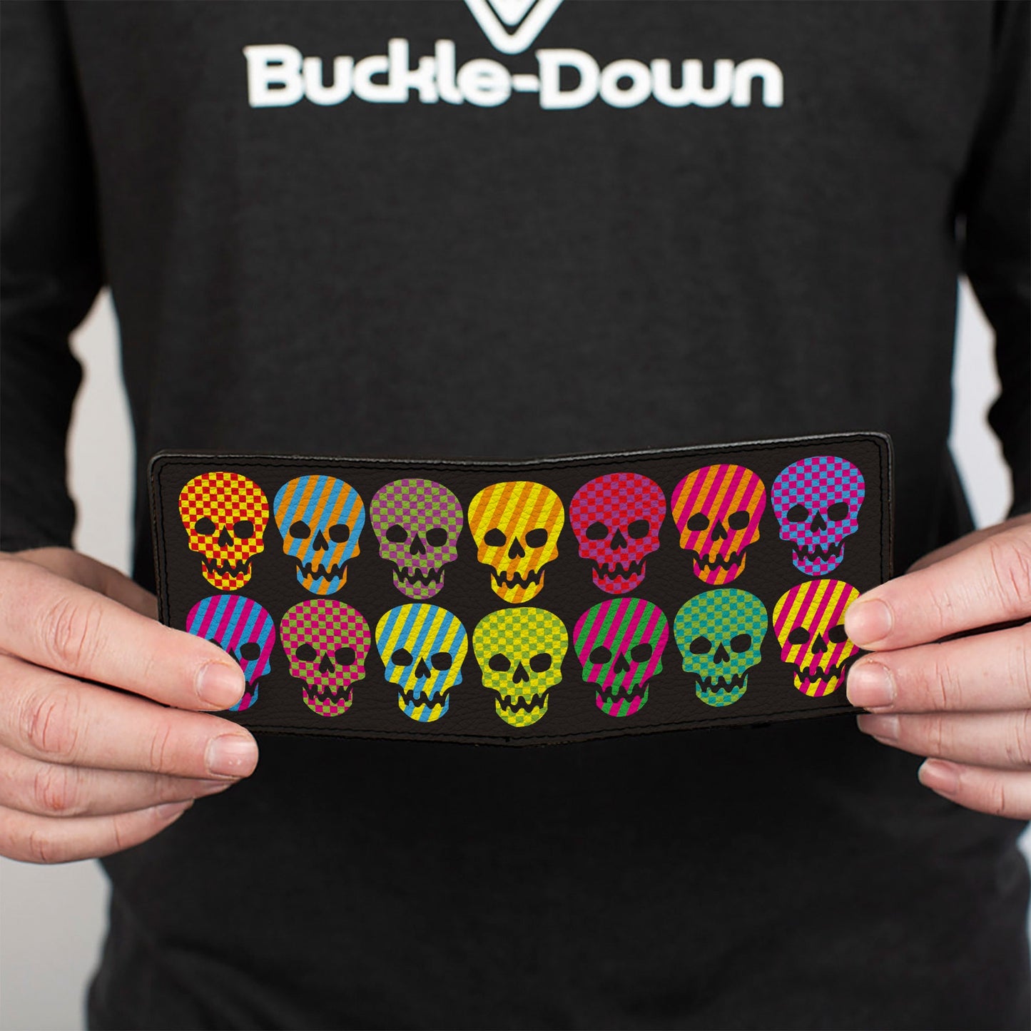 Bi-Fold Wallet - Checker & Stripe Skulls Black Multi Neon