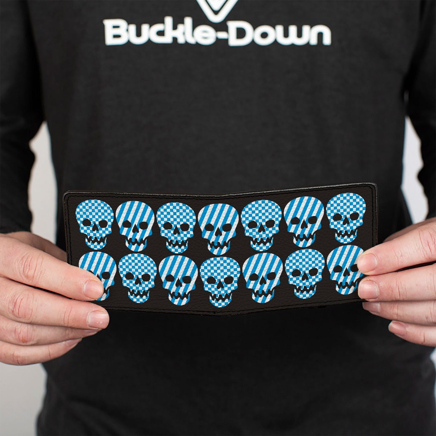 Bi-Fold Wallet - Checker & Stripe Skulls Black White Baby Blue