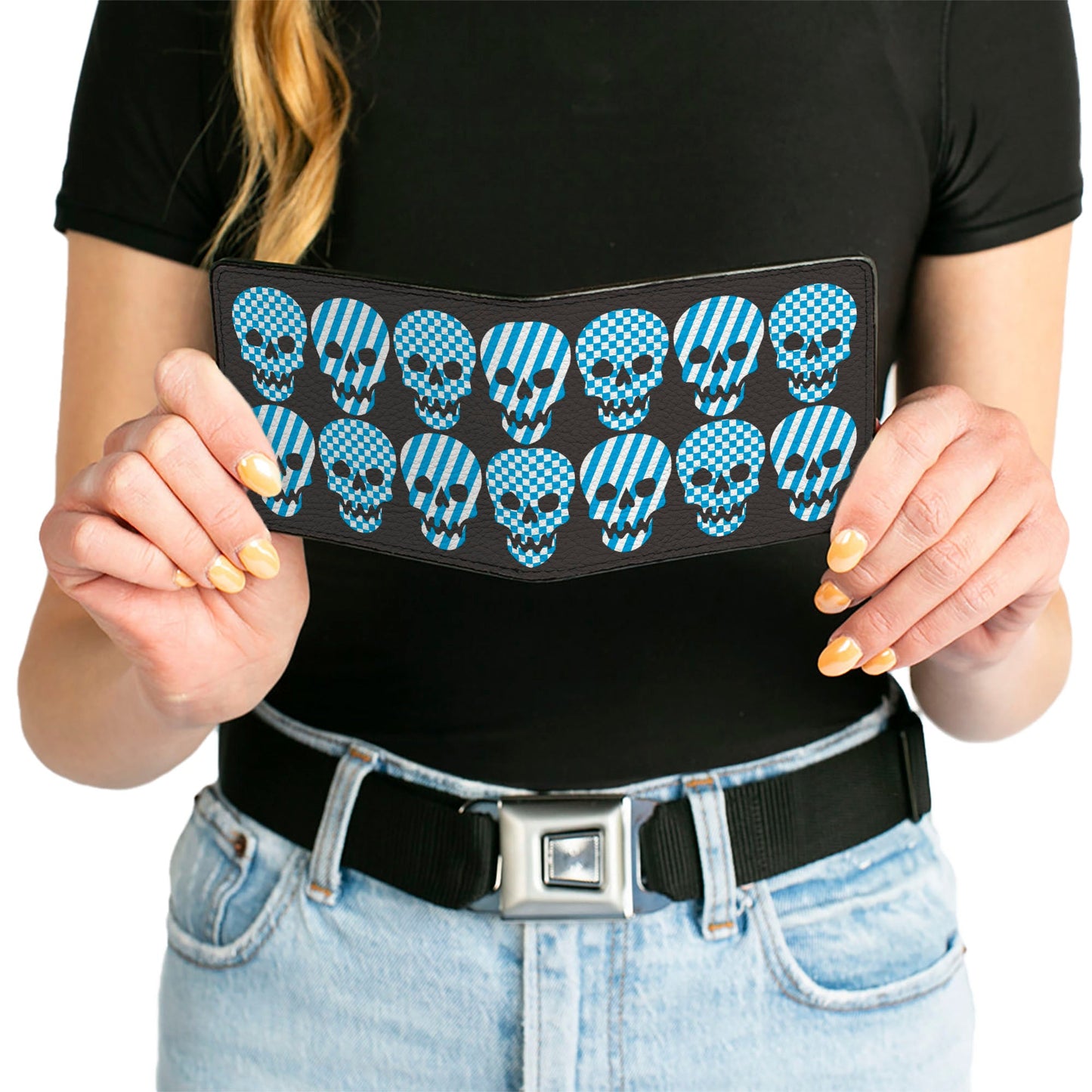 Bi-Fold Wallet - Checker & Stripe Skulls Black White Baby Blue