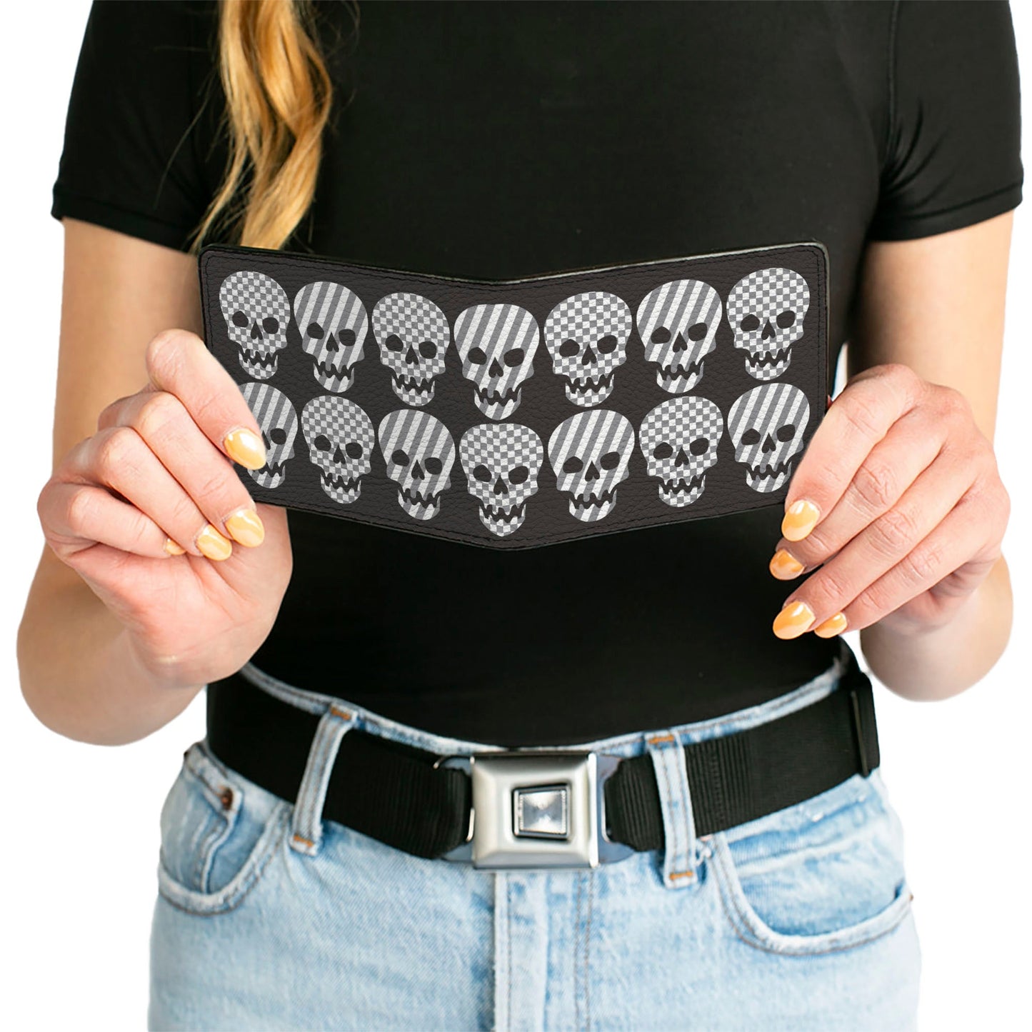 Bi-Fold Wallet - Checker & Stripe Skulls Black White Gray