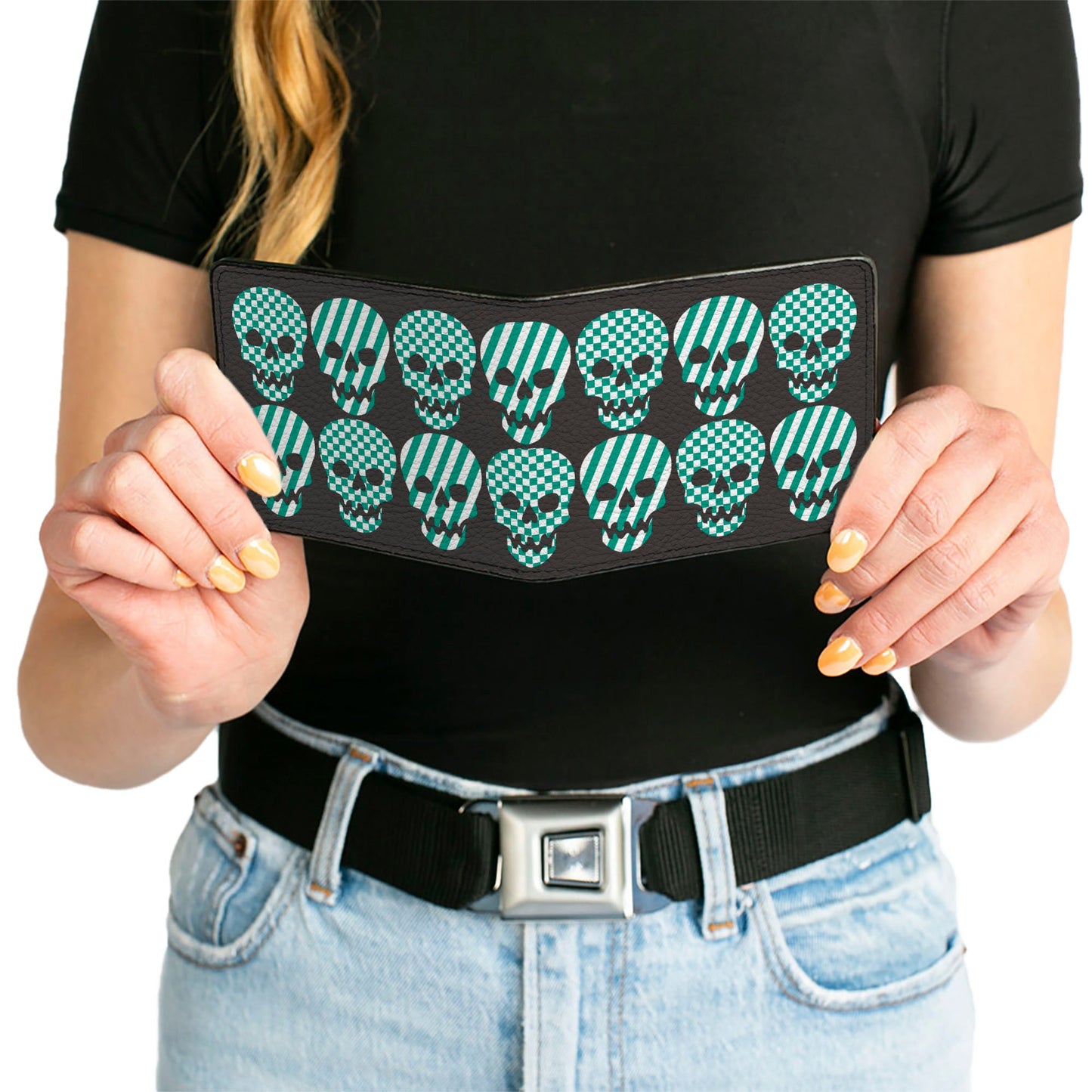 Bi-Fold Wallet - Checker & Stripe Skulls Black White Green