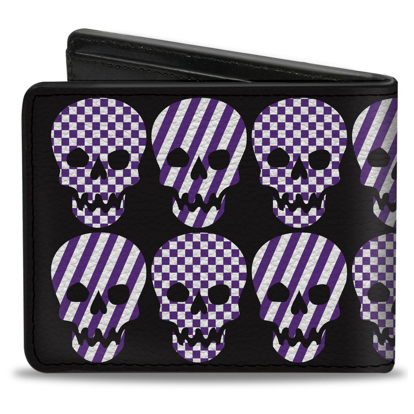 Bi-Fold Wallet - Checker & Stripe Skulls Black White Purple