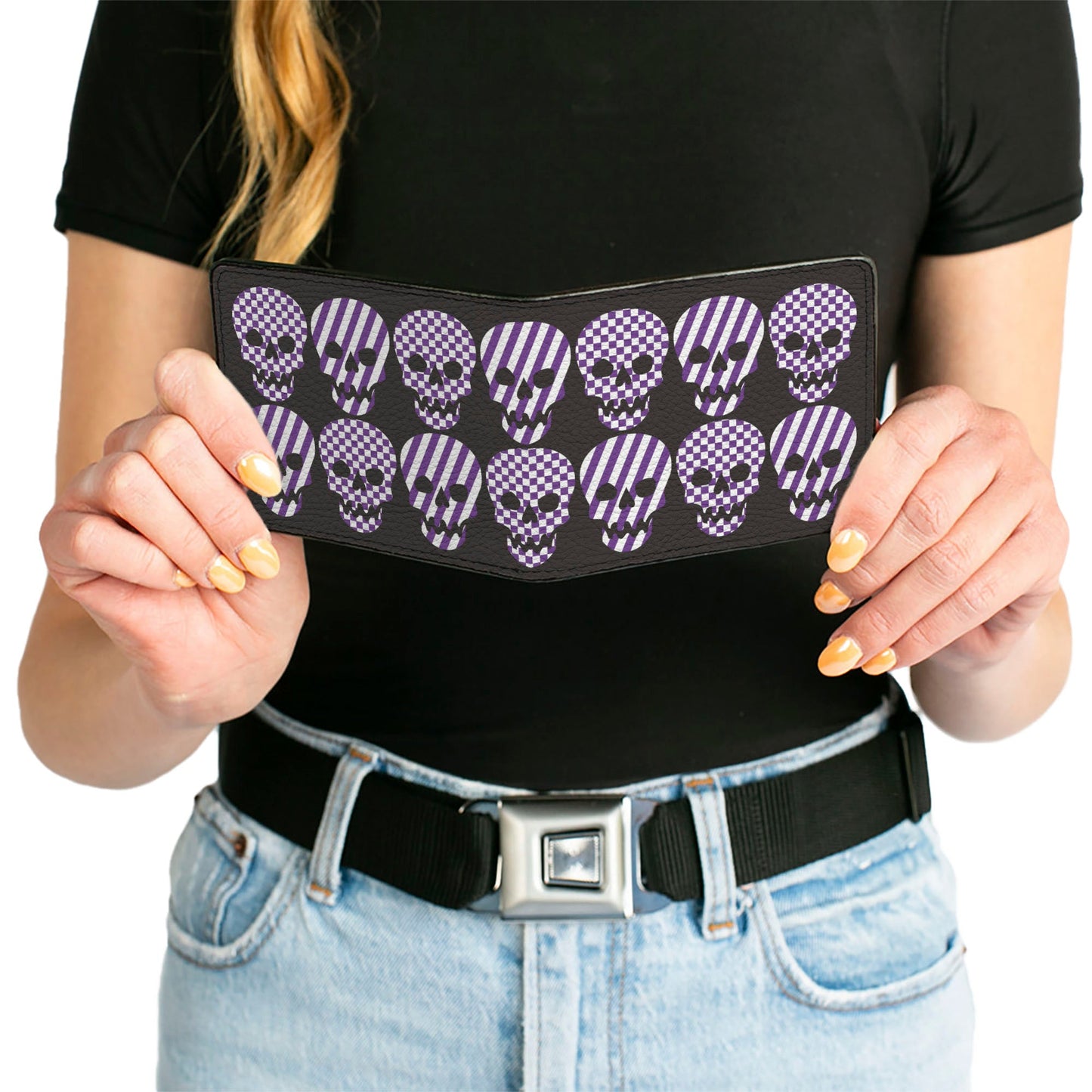 Bi-Fold Wallet - Checker & Stripe Skulls Black White Purple
