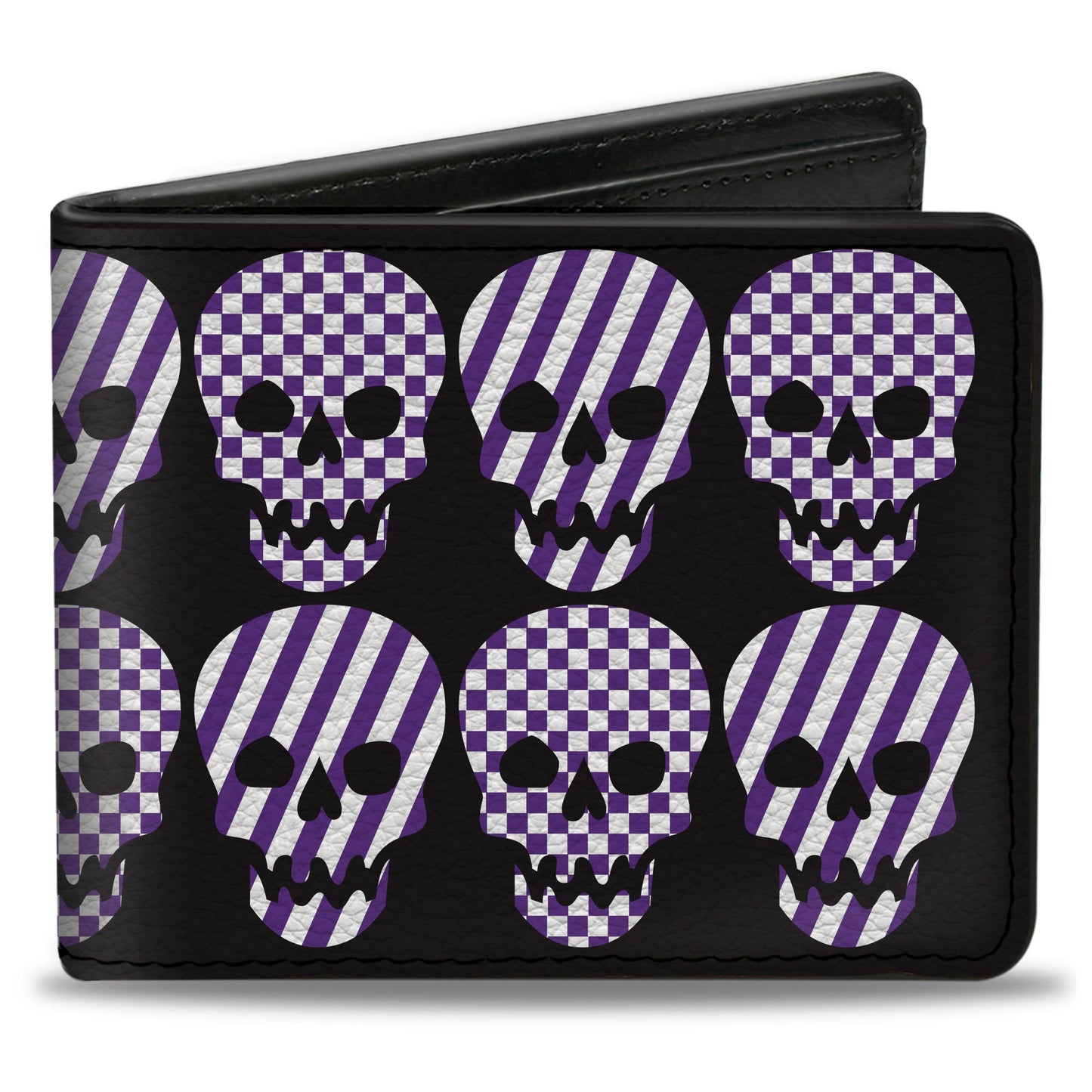 Bi-Fold Wallet - Checker & Stripe Skulls Black White Purple
