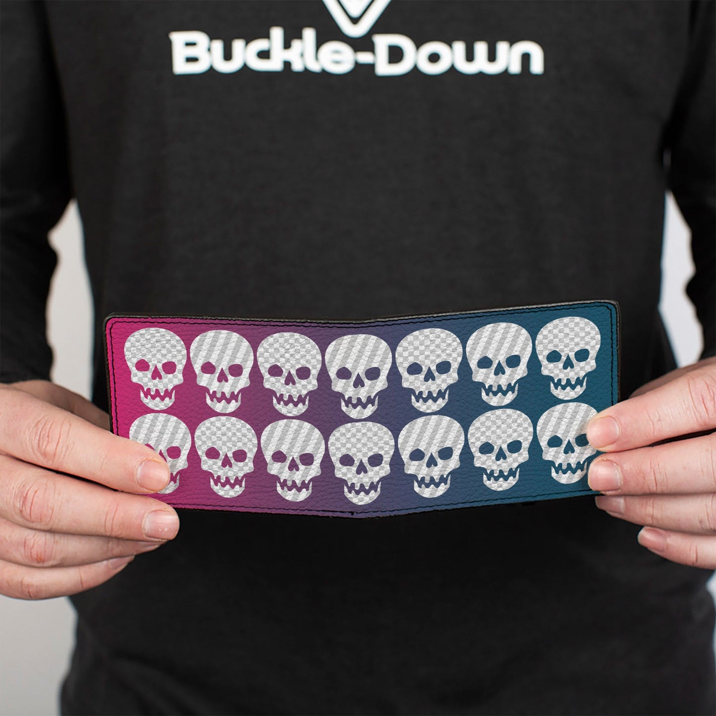 Bi-Fold Wallet - Checker & Stripe Skulls Gradient Blue Fuchsia