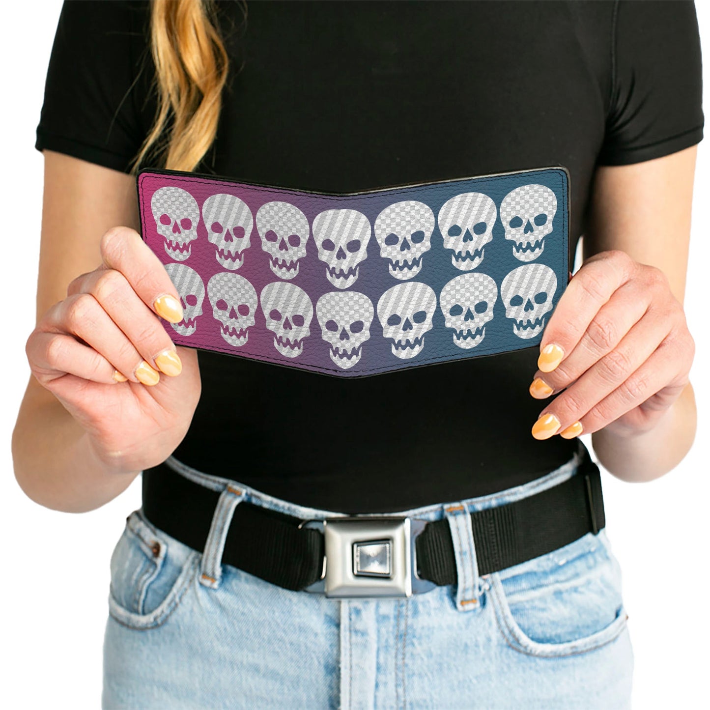 Bi-Fold Wallet - Checker & Stripe Skulls Gradient Blue Fuchsia